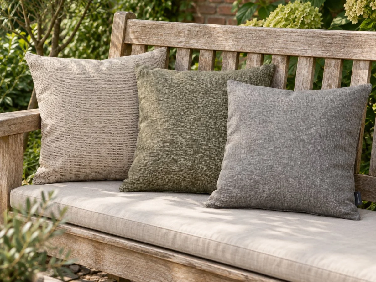 Garden bench with Sunbrella cushions, the sun breaking through after rain