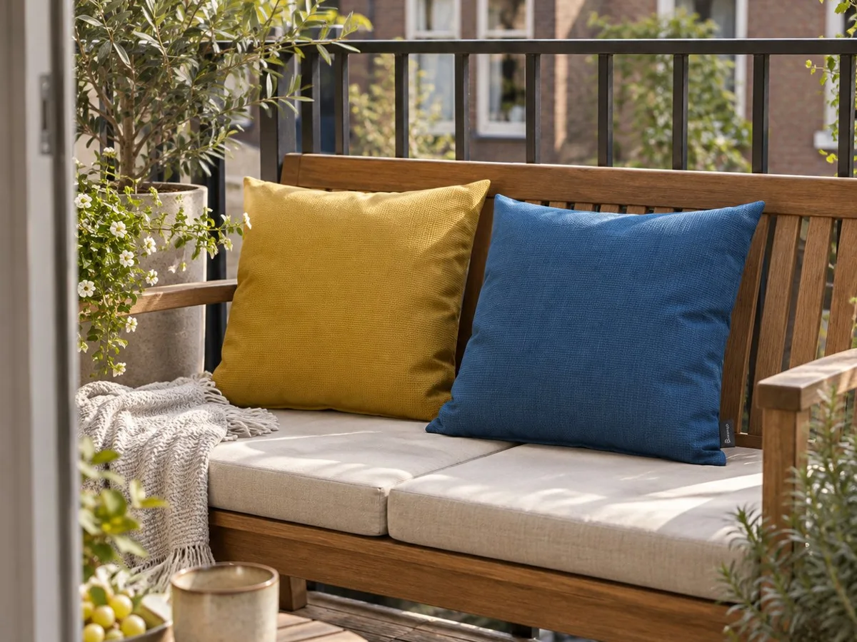 Balcony bench with yellow and blue Sunbrella cushions