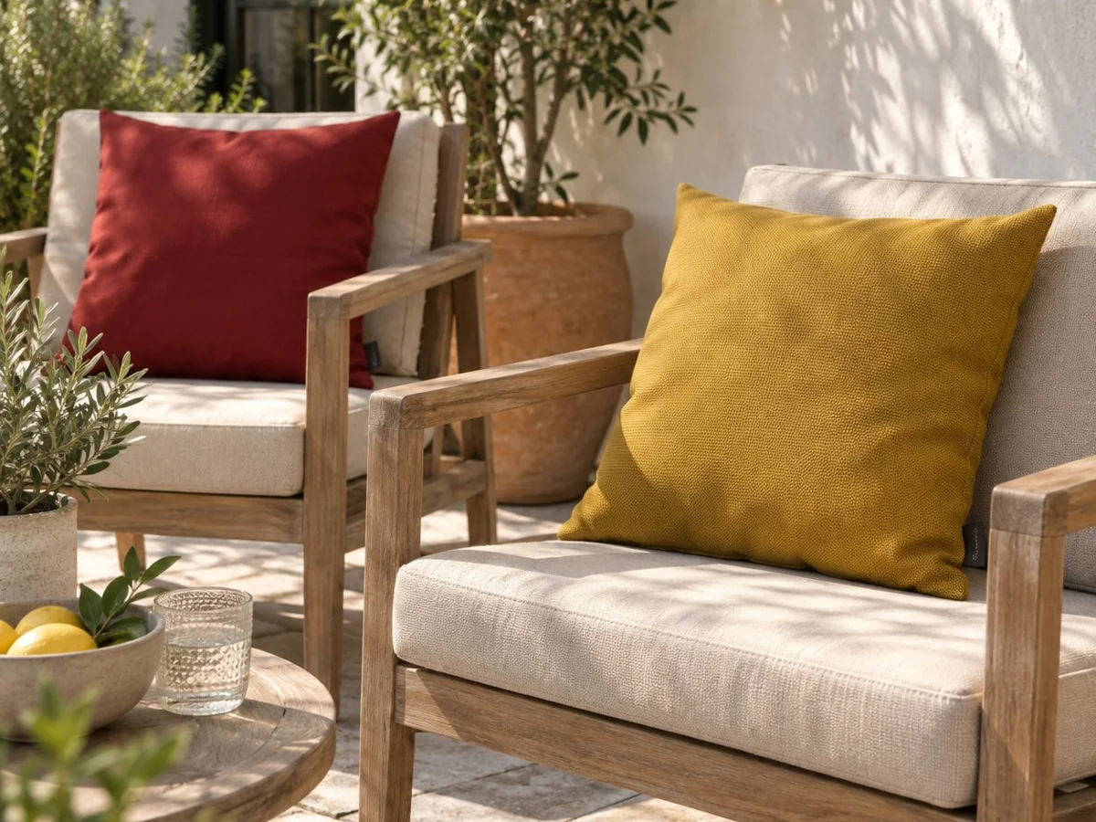Lounge chairs with red and yellow Sunbrella cushions on a sunny terrace